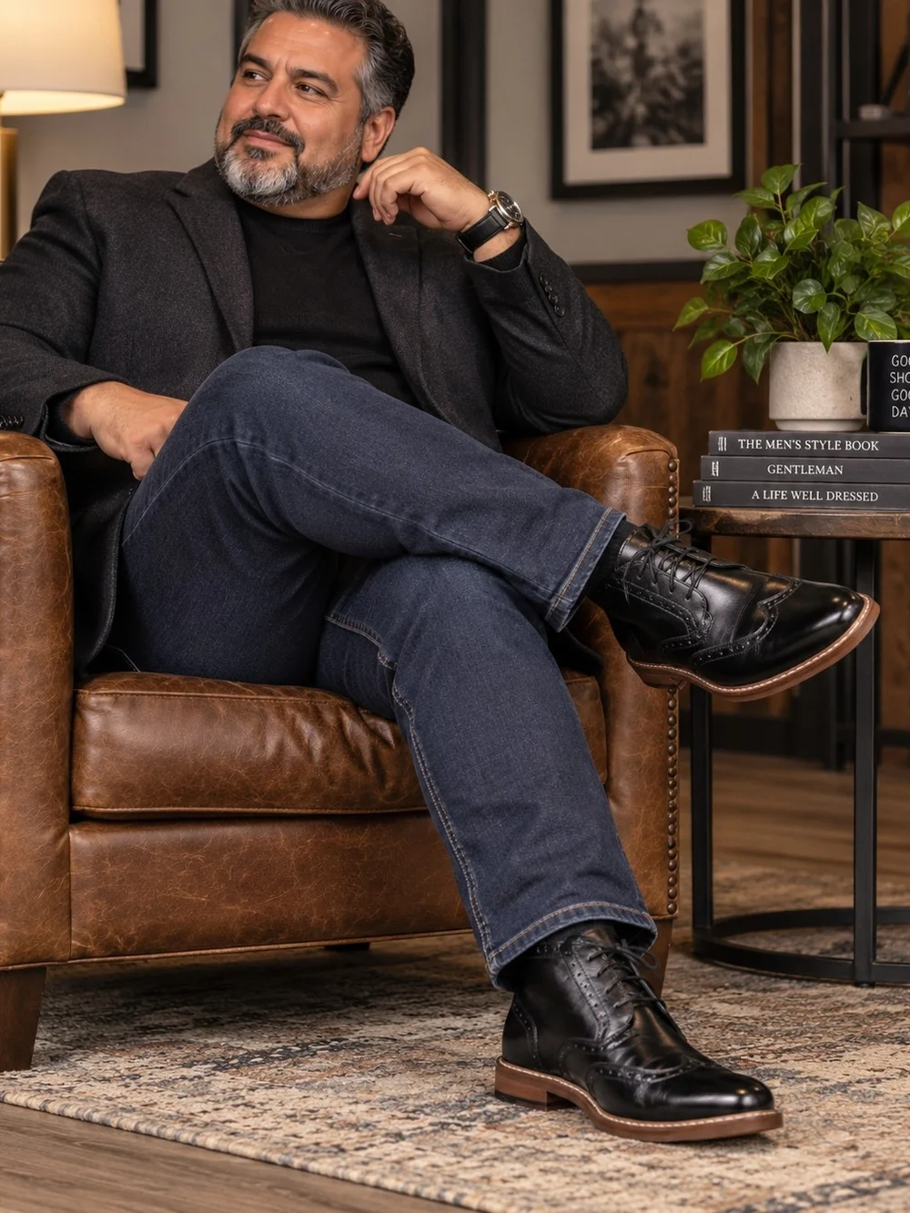 Stacy Adams Black Leather Wingtip Boots with Brown Sole